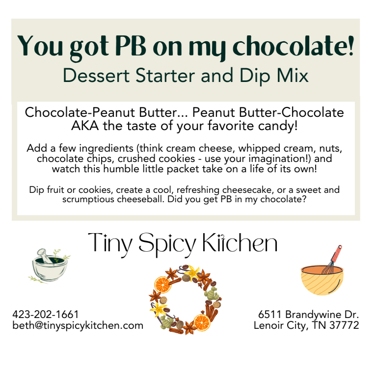 A description of the flavor profile of the product (peanut butter & chocolate) and suggestions for use. Contact information for Tiny Spicy Kitchen.