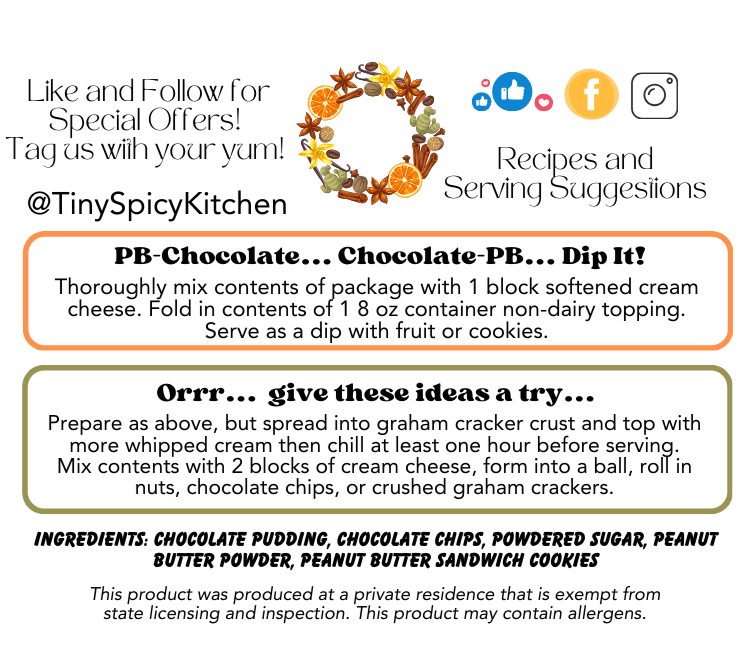 Suggestions for using the product to make a dip, a cake, or a sweet cheese ball. An ingredient list. A statement required by the Tennessee Food Freedom Act.